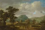 Karl Schallhas, Landscape with hiking family, oil on canvas