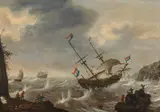 Jacob Adriaensz Bellevois, Ships on a rough sea in front of a rocky coast, oil on panel, parqueted