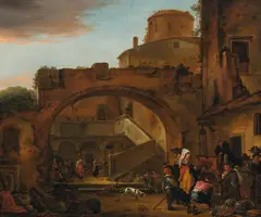 Thomas Wyck, Peasants and traders in Roman court architecture, oil on canvas