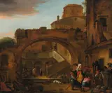 Thomas Wyck, Peasants and traders in Roman court architecture, oil on canvas