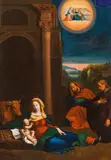 Benvenuto Tisi, Rest on the Flight into Egypt, with the portrait of Lionello del Pero, oil on panel