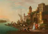 Johann Baptist Schätzell, Harbour scene with figures, oil on canvas