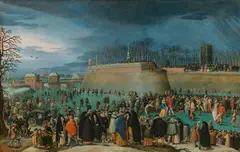 Sebastian Vrancx, Winter carnival with ice skaters in front of the Kipdorppoort Bastion in Antwerp, c. 1620, oil on panel, parqueted