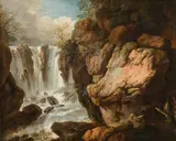 Rocky landscape with a waterfall by genannt Dietricy Christian Wilhelm Ernst Dietrich, oil on canvas, sold Mar 2022