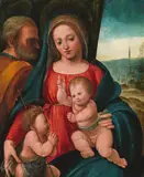 called il Bagnacavallo Bartolomeo Ramenghi, Madonna with the Christ child, infant Saint John and Saint Joseph, 1610-20, oil on panel