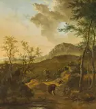 Frederik de Moucheron, Landscape with rider and horse-drawn vehicle, oil on canvas
