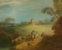 Jean-Baptiste Pater, Landscape with shepherds and flock, oil on canvas