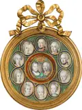Antonio Pencini, Maria Theresia of Austria and Franz Stephan I. of Lorraine surrounded by their children, miniature painting on ivory, overall 11 miniatures, framed