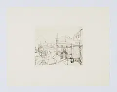 Rudolf Hradil, o.T. (Ansicht Salzburg mit Tempelfassade), Radierung auf Papier