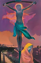 Ernst Fuchs, Crucifixion in Jerusalem, oil on canvas; framed