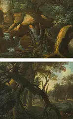 Adrian van Stalbemt, Waldlandschaft mit Fluss und Baumstumpf“ and „Waldlandschaft mit entwurzeltem Baum“ (counterparts), 1610-20, oil on canvas