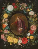 Jan Brueghel the Younger, Christ carrying the cross and a basket  surrounded by a wreath of flowers