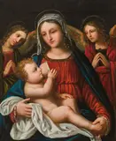 Giovanni Antonio De Lagaia, Madonna lactans accompanied by angels, oil on panel, parqueted