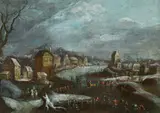 Dirk Dalens, Village landscape in winter with a frozen river, oil on panel