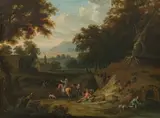 Hendrik van Waterschoot, Landscape with travelers in front of a city, oil on panel