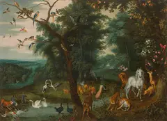Jan Brueghel the Younger, Paradise landscape with the creation of Eve, oil on copper, parqueted