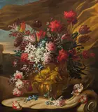 Felice Fortunato Biggi, Flower piece in a putti vase, oil on canvas