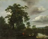 Meindert Hobbema, River landscape with figure staffage, oil on canvas