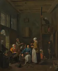 Interior with mussel cleaners by Jan Josef Horemans, oil on canvas, sold Jul 2021