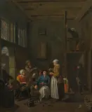 Jan Josef Horemans, Interior with mussel cleaners, oil on canvas