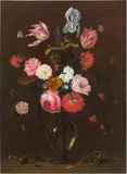 Jan van Kessel the Elder, Bouquet of flowers in glass vase with lizard, oil on copper