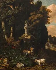 Abraham Begeyn, Landscape with goats and a fountain, oil on canvas