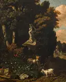 Abraham Begeyn, Landscape with goats and a fountain, oil on canvas