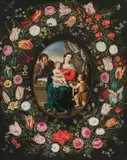 Jan Brueghel the Younger, Holy Family with St. John in a wreath of flowers