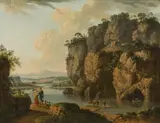 Albert Christoph Dies, A rocky river landscape with shepherds, oil on canvas