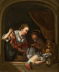 Willem van Mieris, Cook and assistant with poultry in a niche, oil on panel