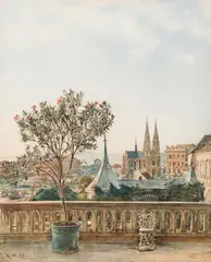 Rudolf von Alt, View from the Bastei pavilion in front of palace Liechtenstein towards the Votivkirche in Vienna, 1873, watercolour on paper