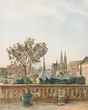 Rudolf von Alt, View from the Bastei pavilion in front of palace Liechtenstein towards the Votivkirche in Vienna