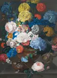 Joseph Nigg, Still life of flowers and bird's nest, gouache on paper on wood