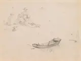 Markus Pernhart, Sketch with figure study and barge on the lakeshore, 1845, pencil on paper
