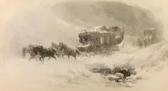 Edward Theodore Compton, Horse-drawn carriage in a blizzard near Simplon, grisaille-watercolour on paper