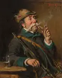 Hermann Armin Kern, Smoking hunter, oil on panel
