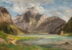 Friedrich Loos, Leopoldsteinersee with Pfaffenstein at Eisenerz, oil on paper on cardboard