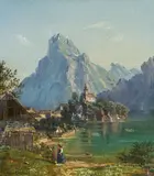 Friedrich Reinhold, Traunkirchen with the Traunstein, oil on canvas