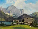 Franz Steinfeld, Landscape with mountains and lake, 1857, oil on paper on panel