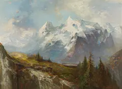 Adolf Obermüllner, Der Ortler und die Königsspitze gesehen von den Alpenböden der Malserhaide Tyrol, oil on canvas