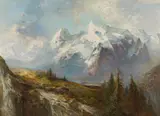 Adolf Obermüllner, Der Ortler und die Königsspitze gesehen von den Alpenböden der Malserhaide Tyrol, oil on canvas