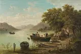 Julius Rose, Fishermen on the shore of the Attersee, oil on canvas