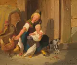 Mother with child feeding the chickens by Christian Eduard Boettcher, oil on cardboard, offered Jul 2021