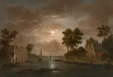 Johannes Verhoog, Dutch river landscape by moonlight, oil on panel