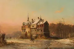 Moated castle in a wintry landscape by Carl Hilgers, 1845, oil on canvas, sold Jul 2021