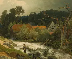 Angler at the Mühlbach by Andreas Achenbach, 1884, oil on canvas, sold Jul 2021