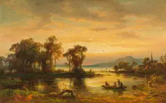 August von Wille, Rhine landscape in evening light, oil on canvas