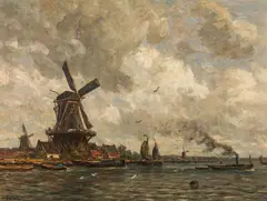 Gilbert von Canal, Dutch river landscape with windmills, oil on canvas