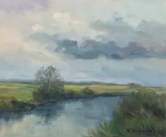 Feodor (Theodor) Szerbakow, Marschlandschaft im Regen" (marsh landscape in the rain), oil on hardboard