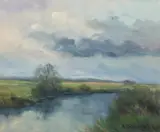 Feodor (Theodor) Szerbakow, Marschlandschaft im Regen" (marsh landscape in the rain), oil on hardboard